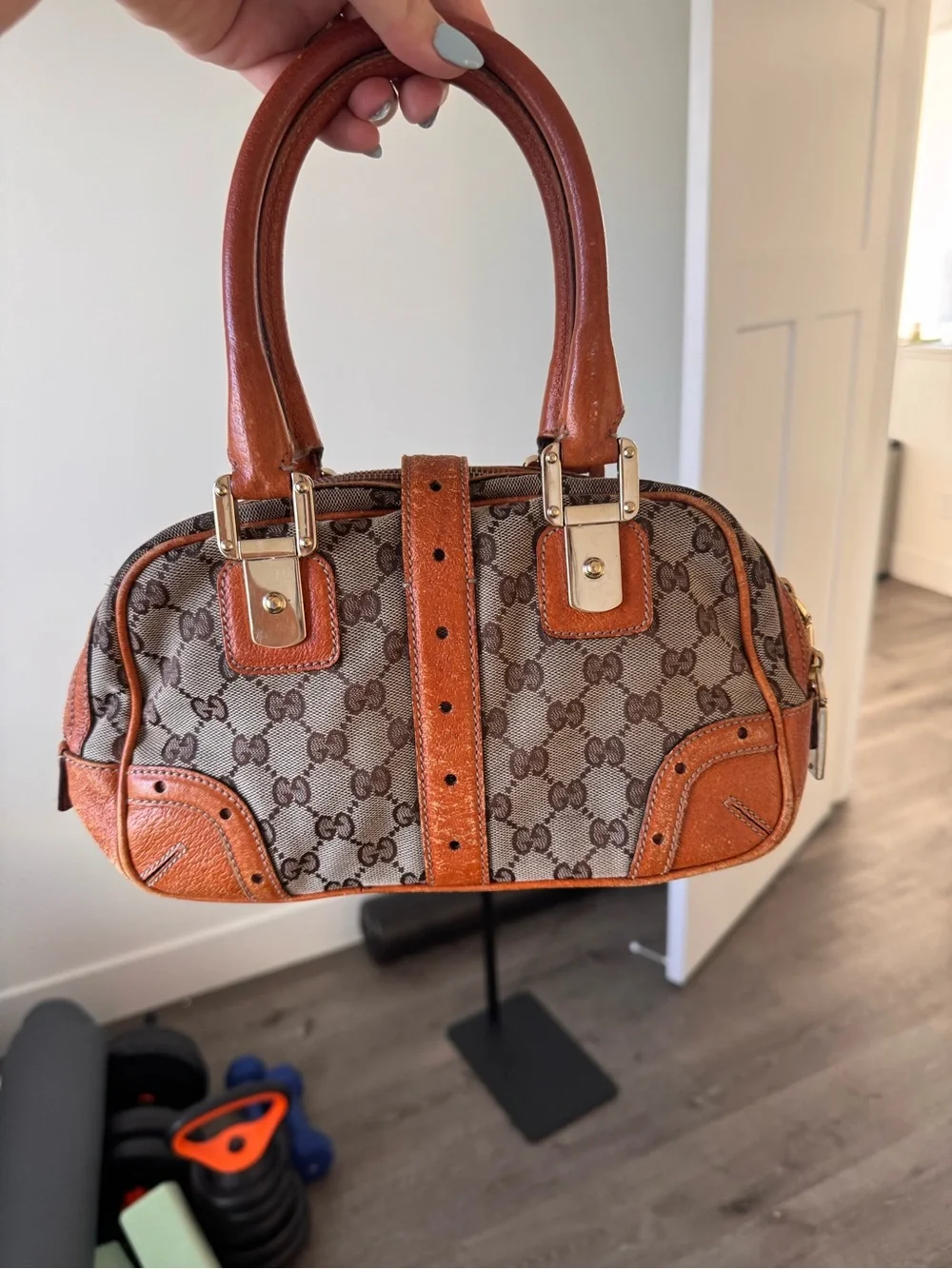 Gucci Tan/Brown GG Canvas Satchel with Orange-Tan Leather Trim
